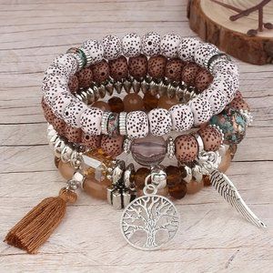 4 Piece Wood Beaded Tree of Life Charm Bracelet